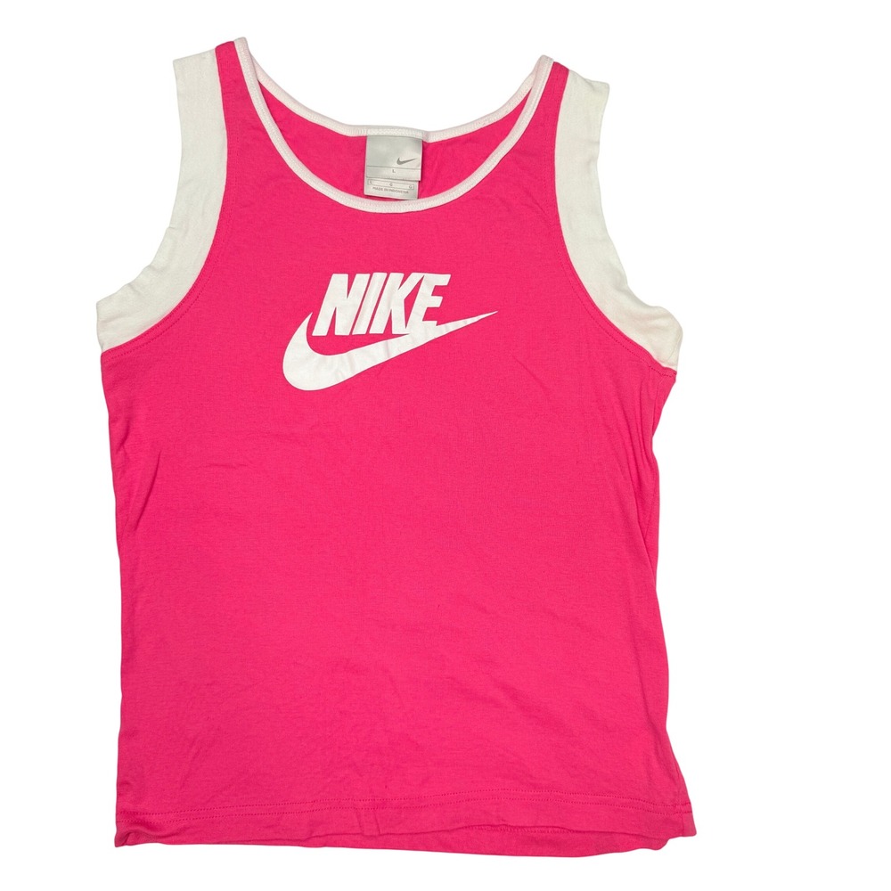 Nike Tank Top Juniors Large Pink White Double Layer Swoosh Logo Sleeveless Shirt